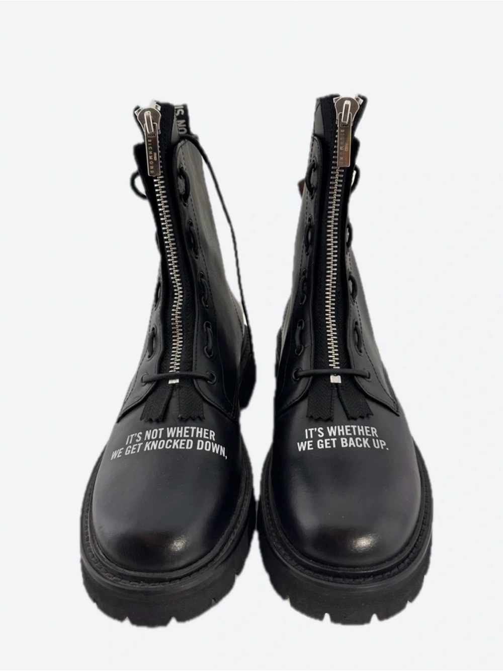 John Richmond Black Leather Combat Boots with White Motivational Print